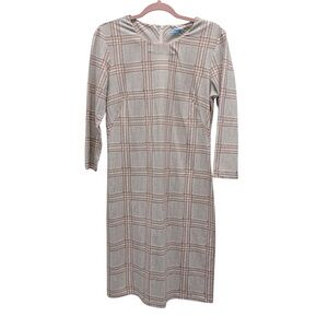 J. McLaughlin 3/4 Sleeve Sophia Catalina Dress Pink Taupe Plaid Pattern Size M